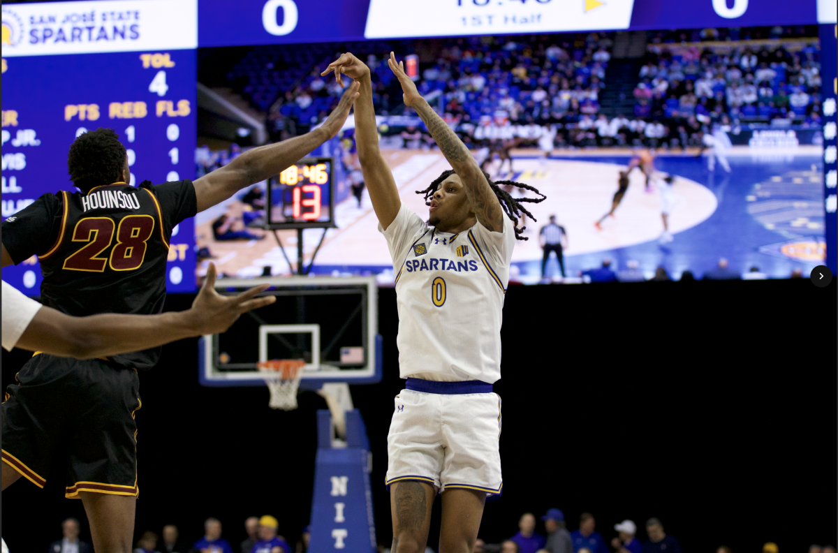 SJSU guard Donavan Yap Jr. (0) scores from beyond the arc while Loyola guard Kymany Houinsou (28) defends him.